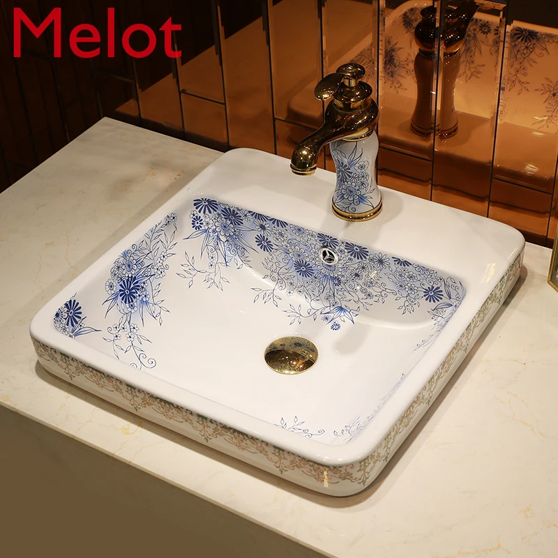 Ceramic Household Square Small Size Semi-Embedded Middle Basin Hand Washing Basin Basin Artistic Basin