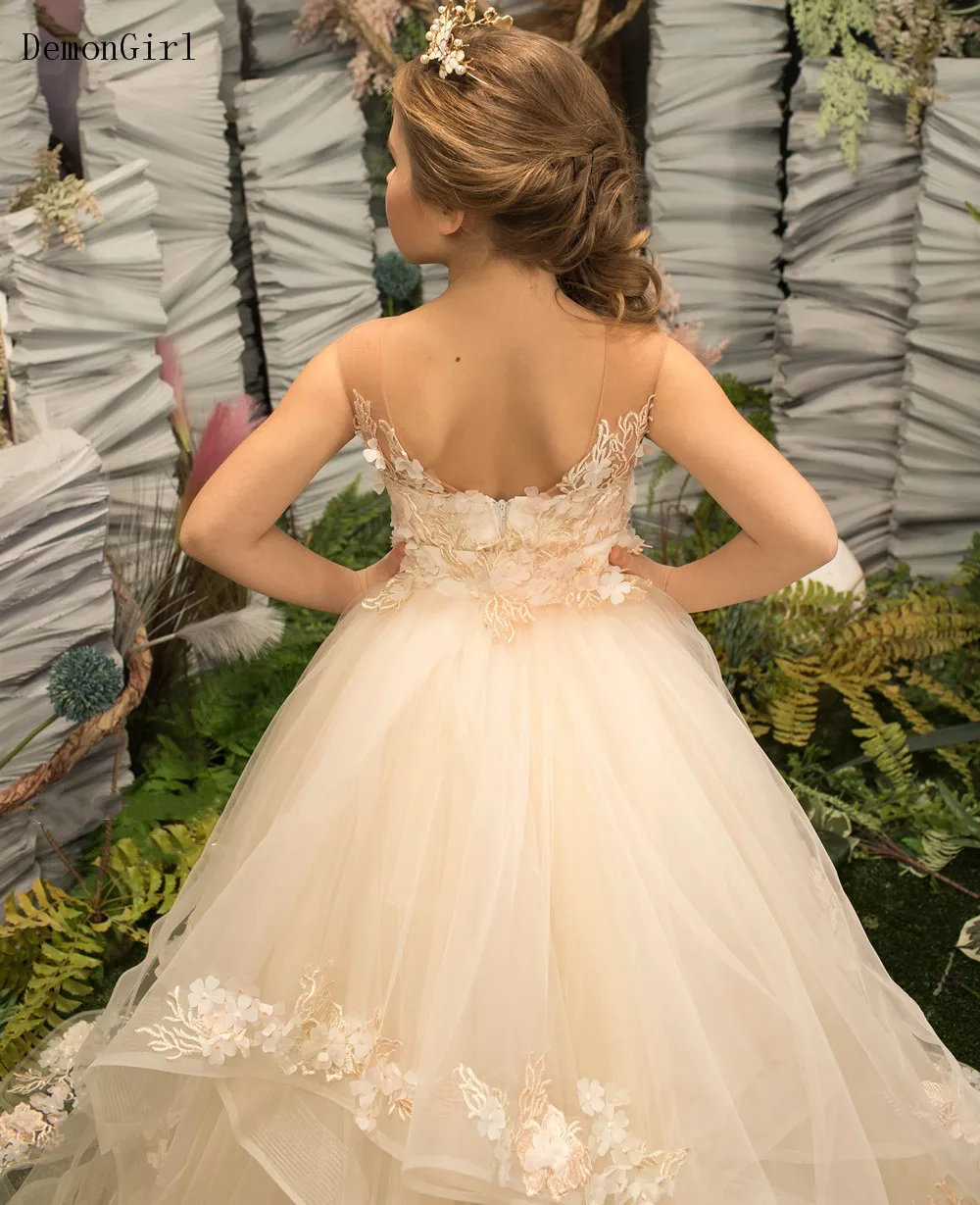 Vestido esponjoso de encaje para niña, traje de fiesta de encaje champán, vestido de cumpleaños para niña, vestido de flores para niña, vestido de boda desmontable