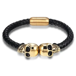 TYO-Pulseras de cuero trenzadas para hombre, brazaletes de calavera de acero inoxidable, regalo de joyería, venta al por mayor