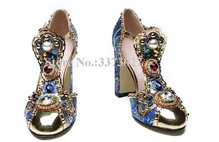 Lady Rhinestone Chunky Heel Pumps Shoes Fashion Design Metal Toe Wedding Shoes Women Sexy Dress High Heels Banquet Shoes