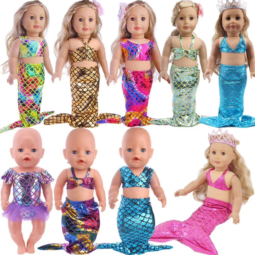 Mermaid Tail Set Doll Clothes For 18 Inch American Doll Girl's & 43 Cm Reborn Baby Clothes,Fish Scale Pattern T-shirt Kids Dolls