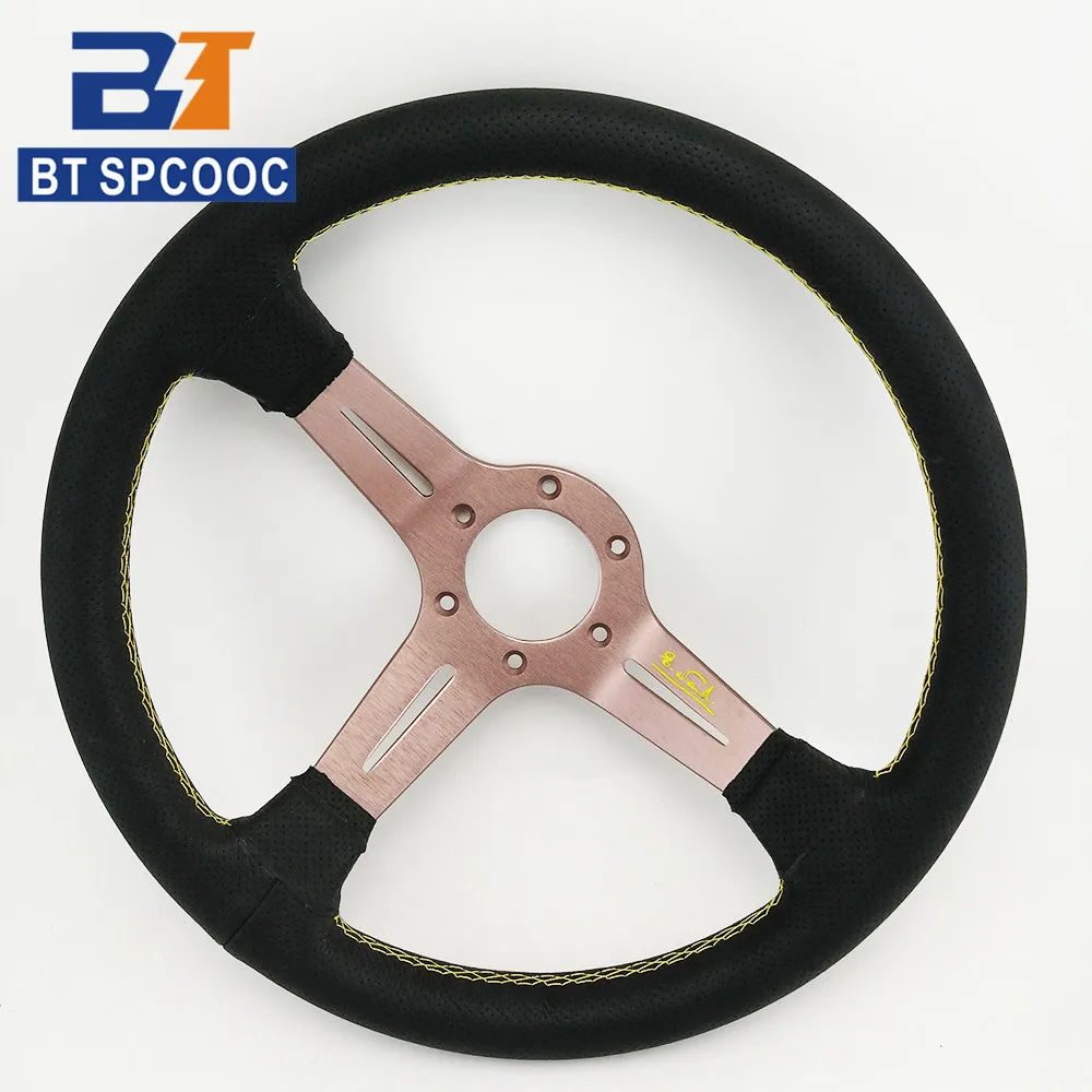 Universal Racing Sport Steering Wheel Yellow Sewing Thread 14 Inch 345mm Titanium Bracket Real Leather Steering Wheels With Horn