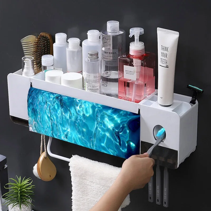 Toothbrush Holder Toothpaste Automatic Dispenser Bathroom Toiletries Storage Rack Clamshell Cup  Rack Shelf Towel Bar Hook