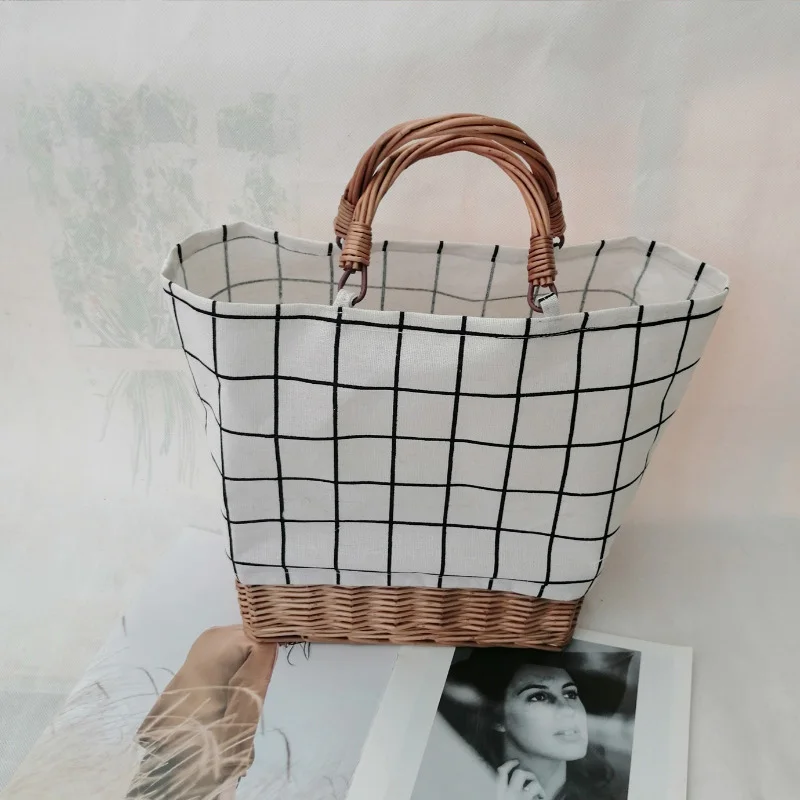 Rattan Woven Women\'s Handbag Striped Plaid Canvas Stitching Straw Bag Large Tote Female Shopper Bags Bohemian Summer Beach Bag