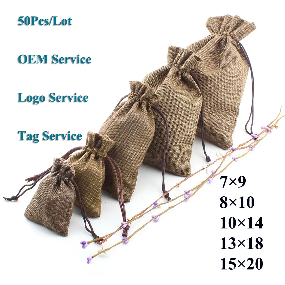 

Eco Drawstring Wedding Candy Cookie Pouch 50Pcs/Lot Lip Gloss Make Up Tools Gift Bag Natural Burlap Can Customized Logo