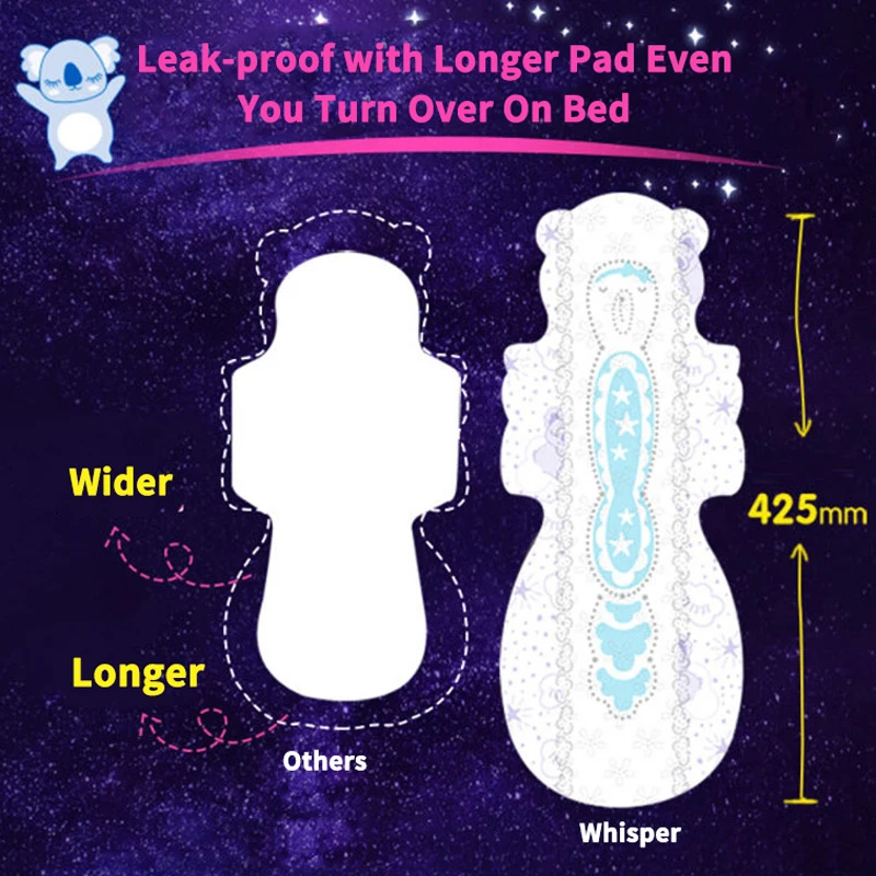 Whisper Sanitary Napkin with Wings Overnight Use Sanitary Pads 425mm Ultra Long Breathable Super Absorbency Menstrual Pads