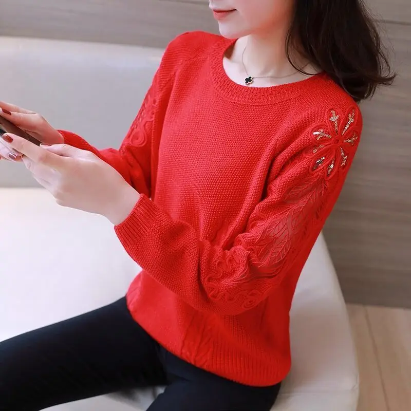 Large lace hollowed-out long-sleeved sweater autumn and winter new loose bottom shirt round collar sweater blouse