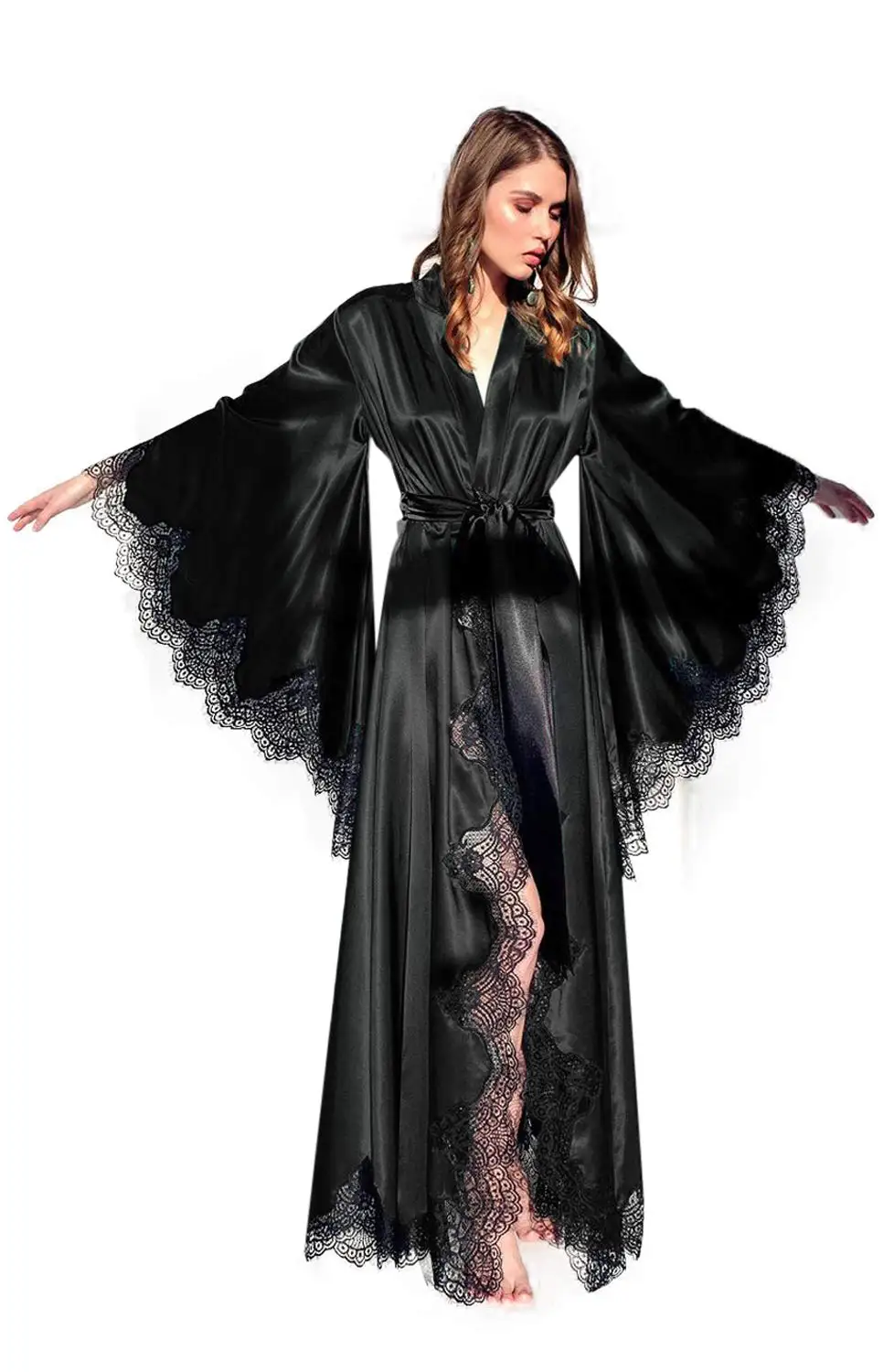 

Women's Luxury Long Silk Boudoir Satin Robe Lace Robe with Floor Length Long Kimono Robe