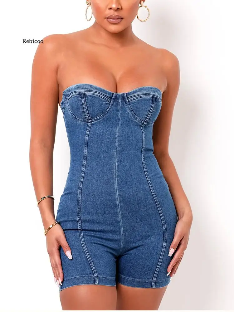 Celana Pendek Romper Denim Bantalan Bodycon Jeans Tanpa Lengan Tali Dapat Dilepas Pakaian Bermain Wanita Pesta Musim Panas Pakaian Kasual