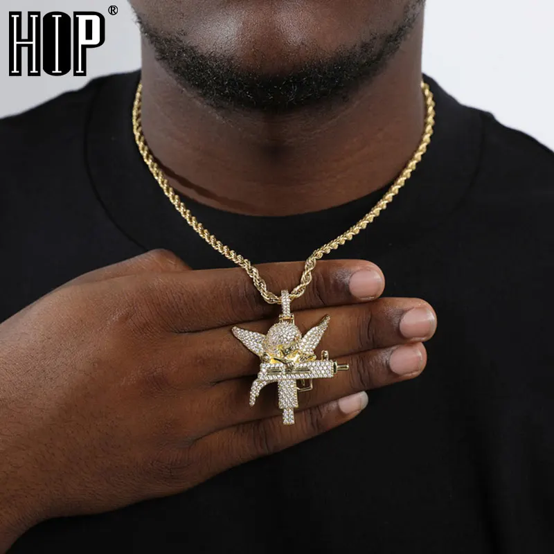 Hip Hop Guardian Angel Bling Cubic Zirconia AAA CZ Stones Necklaces & Pendants For Men Rapper Jewelry With Solid Back