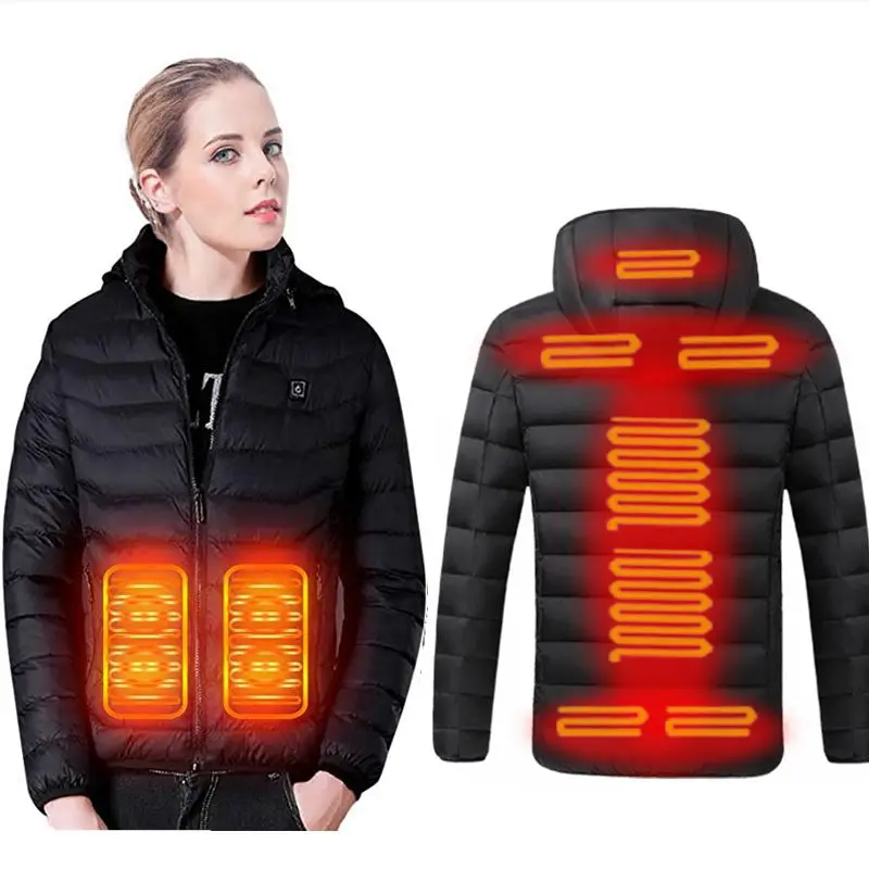 Veste à capuche rembourrée chauffante USB pour femme, vestes d\'hiver chaudes pour femme, vêtements métropolitains intelligents, 9 zones de chauffage