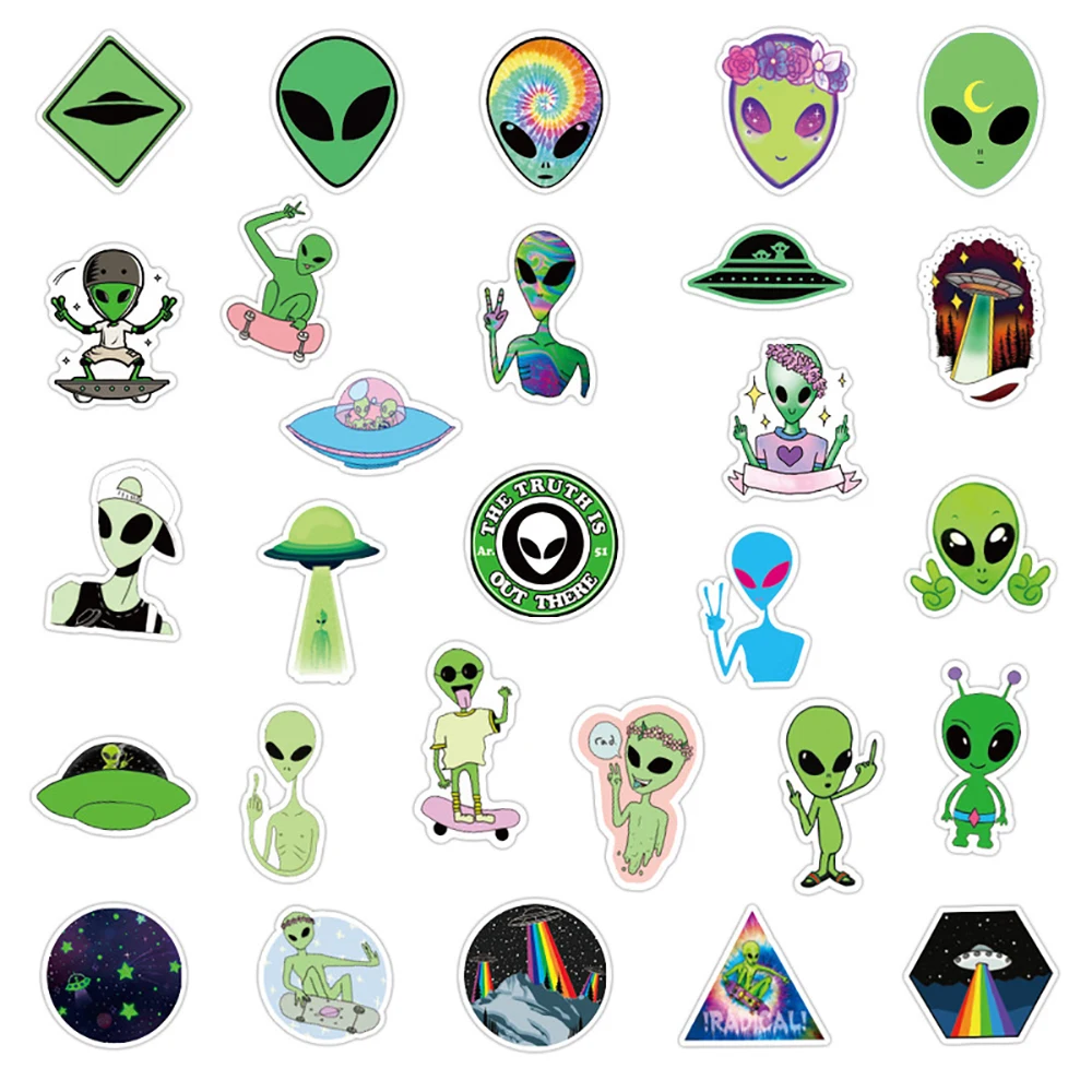 10/30/50PCS Cartoon Aliens UFO Space Stickers DIY Snowboard Laptop Luggage Fridge Graffiti Sticker Decal Cool Kid Toys Gift