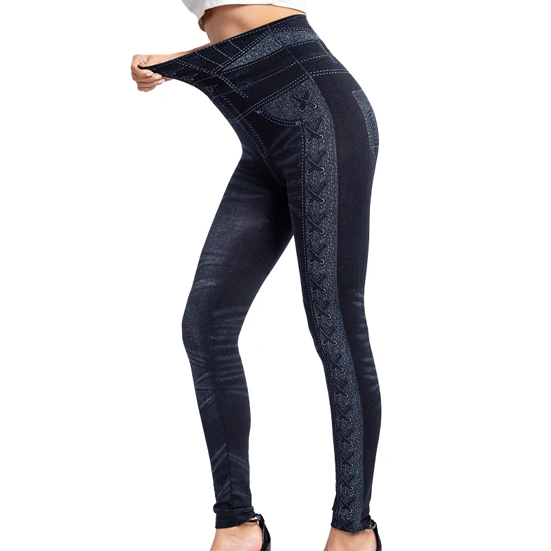 Jeggings de mezclilla de imitación para mujer, Leggings de imitación con patrón de nudo de cuerda, ropa de calle elástica alta, Leggings de entrenamiento, novedad de 2021