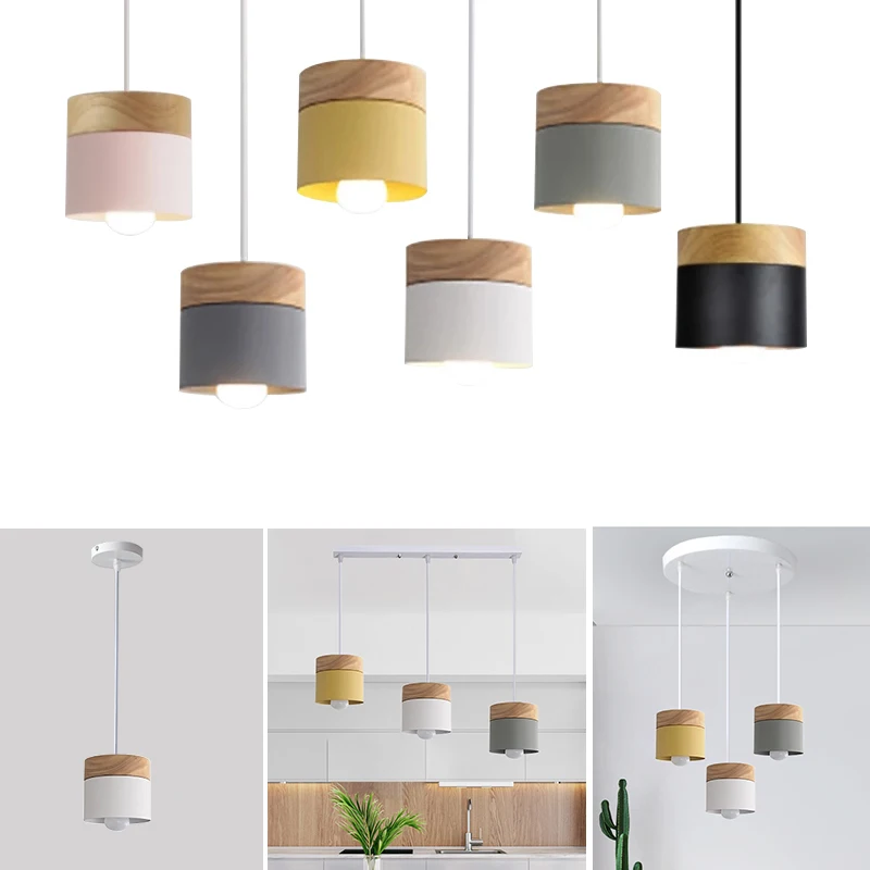 Nordic Simplicity LED E27 Pendant Light Modern Macaron Hanging Lights Home Improvement Decoration Indoor Iron Wood Pendant Lamp