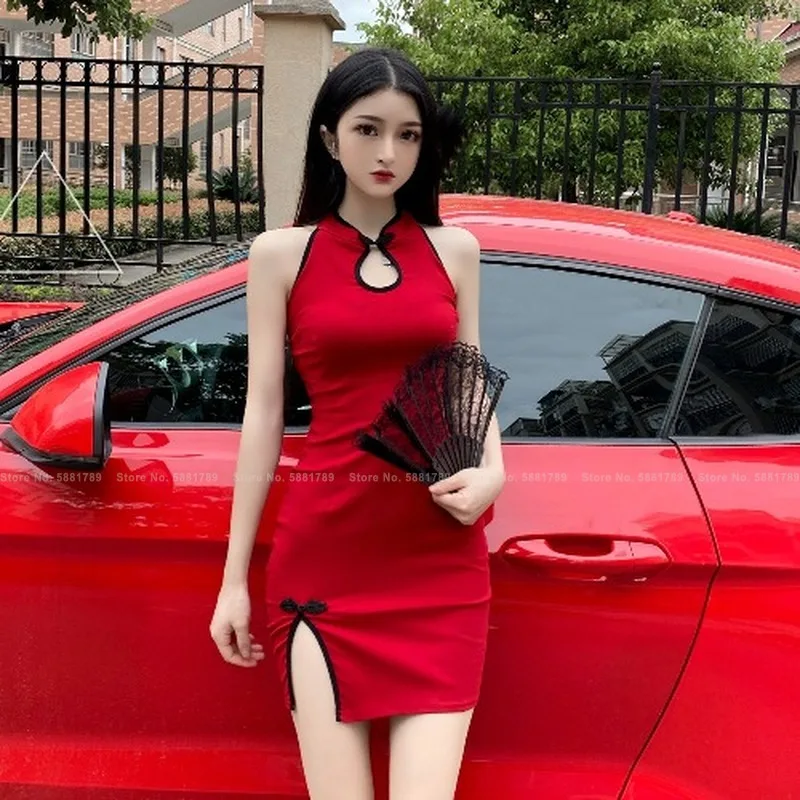 

Women Retro Red Cheongsam Nightclub Sexy Bodycon Mini Dress Fashion Elegant Oriental Lady Split Slim Chinese Style Qipao Dresses