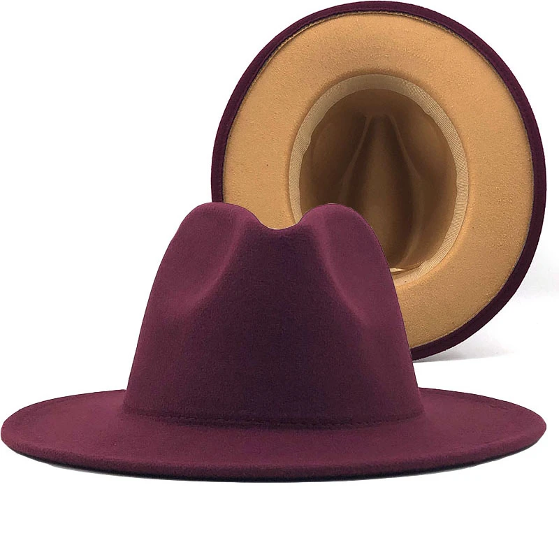 

drop Outer wine red Inner Camel Wool Felt Jazz Fedora Hats with Thin Belt Buckle Men Women Wide Brim Panama Trilby Cap 56-60CM