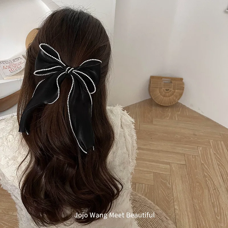 Pearlescent Fabric~Pearl Streamer Hair Tie Bowknot Hairpin Female Bangs Clip Headdress Hair Accessories Girl Korean New Style