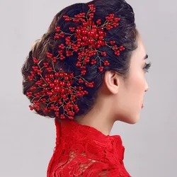 1Pc Red Pearl Crystal Women Hair Combs Headdress Bride Tiaras Headpiece Hair Jewelry Wedding Bridal Hair Accessories FORSEVEN