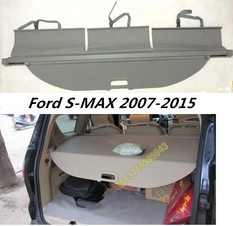 Car Rear Trunk Security Shield Cargo Cover For Ford S-MAX 2007-2015 High Qualit Auto Accessories (Black, beige)