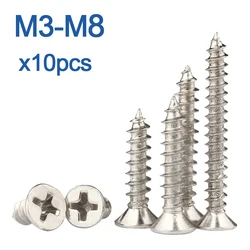 10pcs/lot Cross Recessed Countersunk Flat Head Self-tapping Screw M3 M3.5 M4 M5 M6 M8 Stainless Steel Phillips Furniture Screw