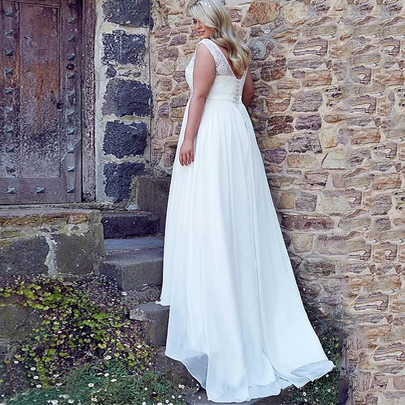 Abito da sposa classico taglie forti cintura di perline di pizzo maniche A cappuccio su misura scollo tondo una linea Chiffon spiaggia abiti da sposa semplici