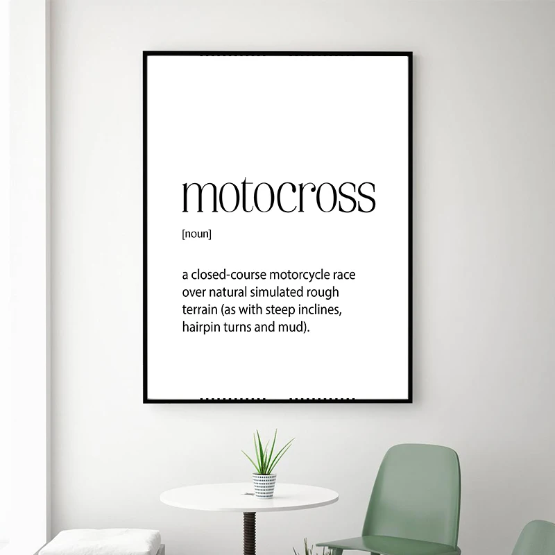 Motocross Definition Dictionary Typography Art Print Black White Minimalist Poster Dirt Bike Decoration Canvas Painting Picture