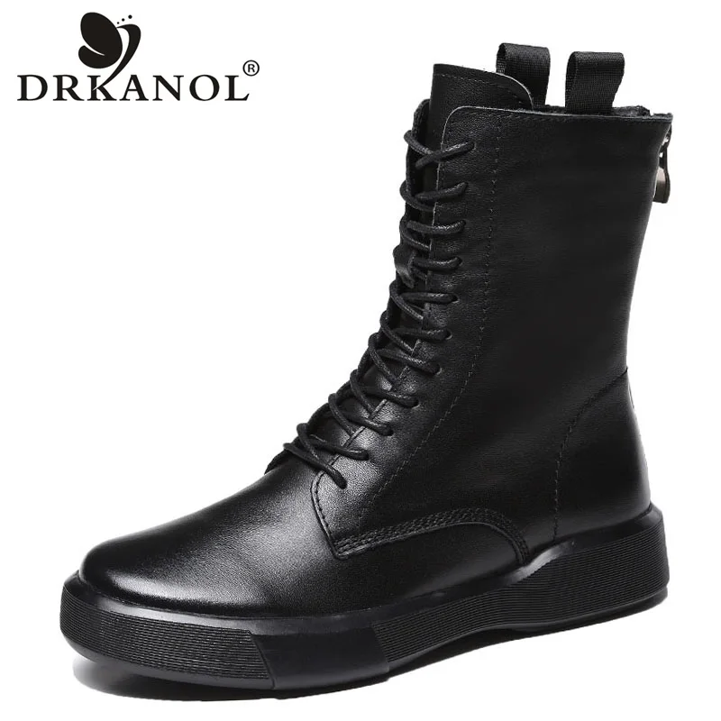 DRKANOL 2024 Fashion Women Boots Autumn Winter Shoes Soft Bottom 100% Genuine Leather Flat Mid Calf Boots Women Casual Warm Boot