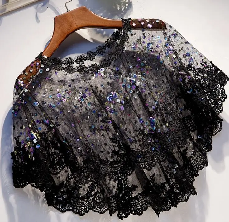 Women\'s transparent embroidery black Lace embroidery Pashmina Female shiny star Summer Sunscreen Mesh Lace Shawl cloak R2359