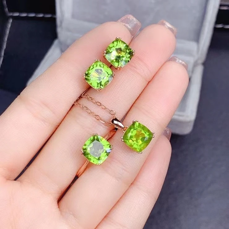 KJJEAXCMY fine jewelry 925 sterling silver inlaid natural peridot Fresh Chinese style Pillow Ring Pendant Earring Set support te