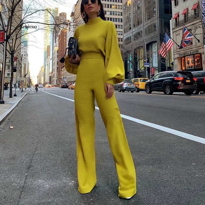 Romper Celana Kaki Lebar Lengan Panjang Punggung Terbuka Elegan Fashion Wanita Jumpsuit Panjang Kantor Solid Turtleneck Chic Overall Kasual