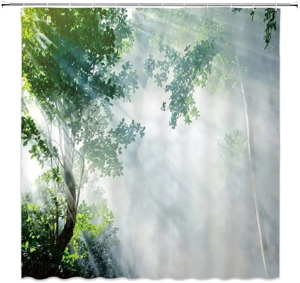 Tree Forest Shower Curtains Sunlight Mysterious Early Morning Heavy Fog Trees Natural Scenery Green White Fabric Bathroom Decor