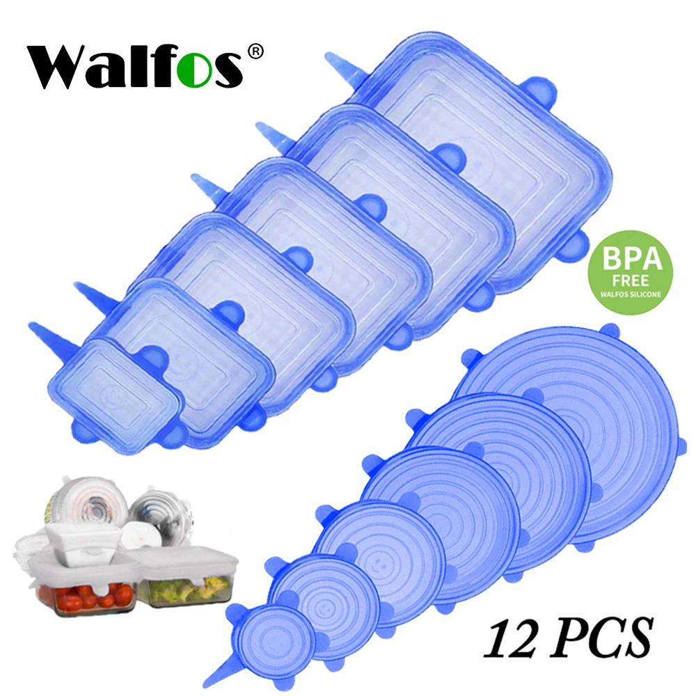 

WALFOS 12 Pieces Universal Kitchen Sealing Preserving Silicone Cover Reusable Elastic Stretch Adjustable Silicone Food Cover