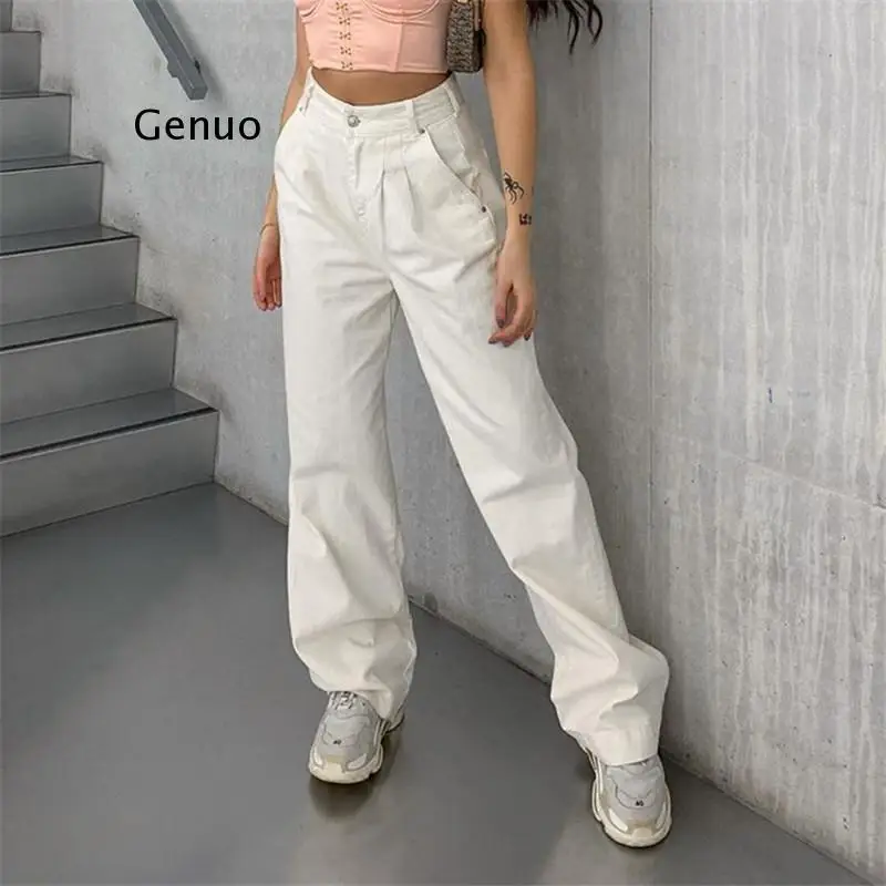 

Streetwear Cotton White High Waist Pants Women Straight Trousers Solid Fashion Ladies Long Pants Pantalones New