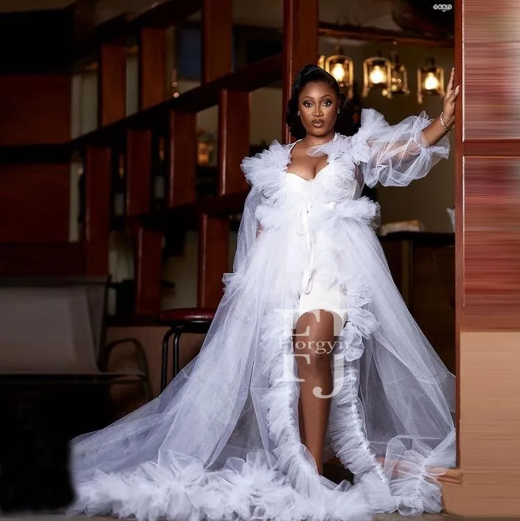 

Aso Ebi Plus Size Bridal White Tulle Robes Prom Gowns Long Sleeve Party Dress See Through Women Maternity Dress For Photo Shoot