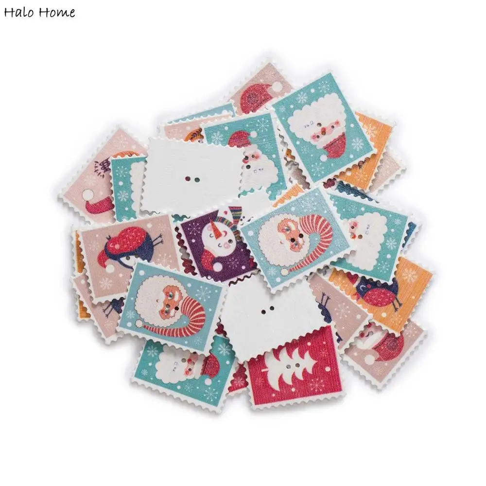 30pcs Retro Series Stamp Shape tema natalizio bottoni in legno per cucire Scrapbooking abbigliamento artigianato accessori Decor 38mm