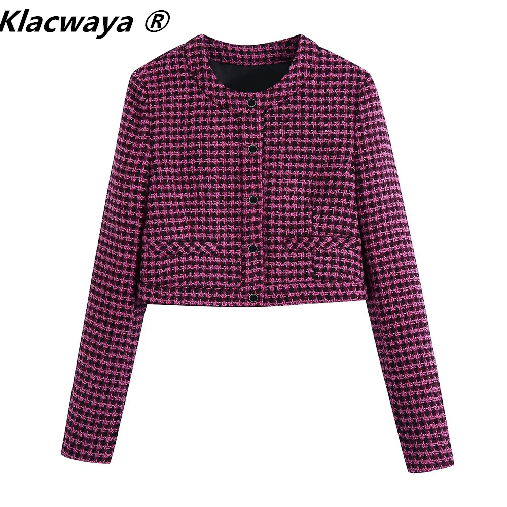 

Klacwaya Women Tweed Jackets For Women 2022 Chic O-Neck Single Breasted Plaid Coat Woman Clothes Casual Cropped Jacket