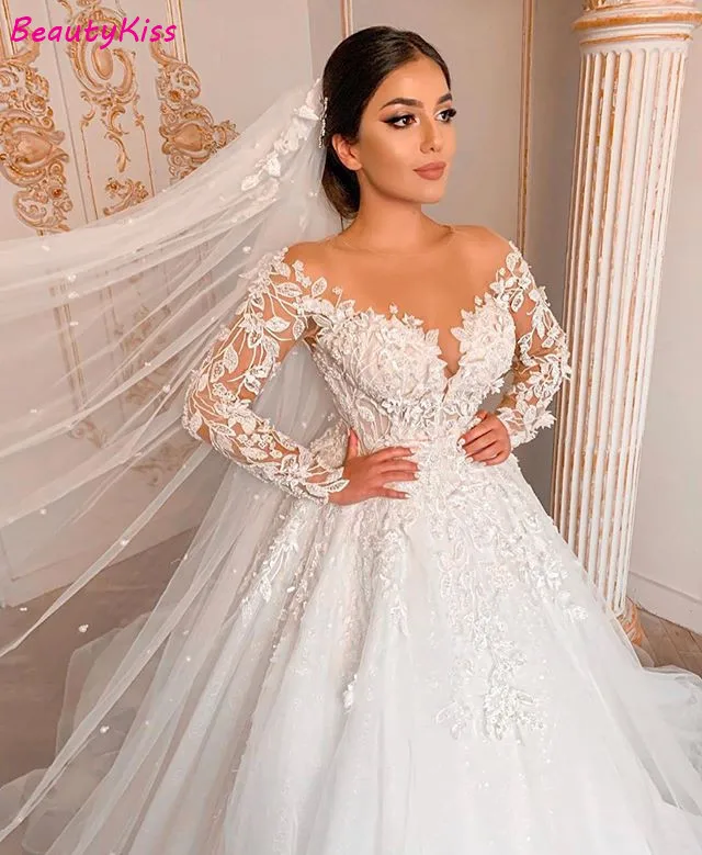 Vestido de boda romántico moderno, vestidos de novia Gorgeous de manga larga con apliques de encaje, vestidos de novia de tul transparentes, tamaño personalizado