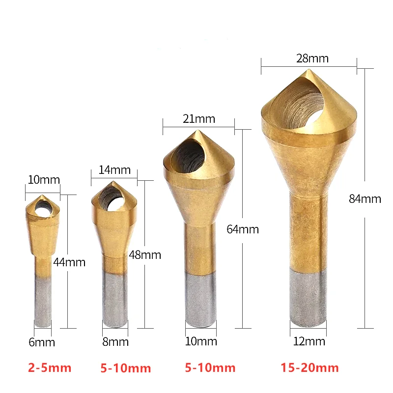 Citop 4pcs/set 90 Degrees Bit Set Drill Bits Tapper Hole Cutter Hand Tools Countersink and Debarring Tool Set Chamfer Set