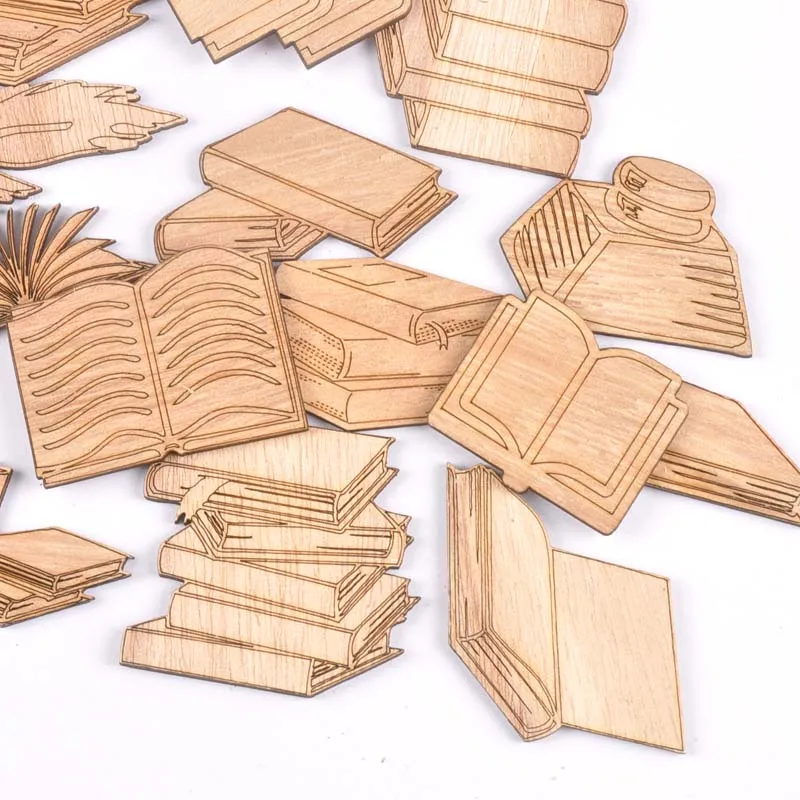 Mixed Book Pattern Wooden Crafts Scrapbooking 10Pcs Wood Ornaments For Decor Birthday Wedding DIY Arts Home Decoration m2553