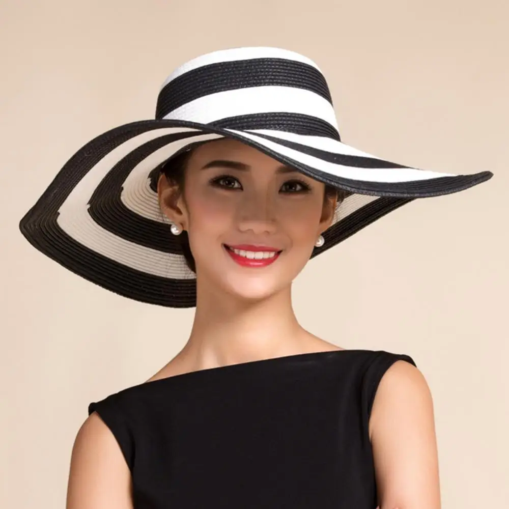 60% Dropshipping!!Women Fashion Stripe Wide Brim Floppy Straw Hat Foldable Summer Beach Sun C