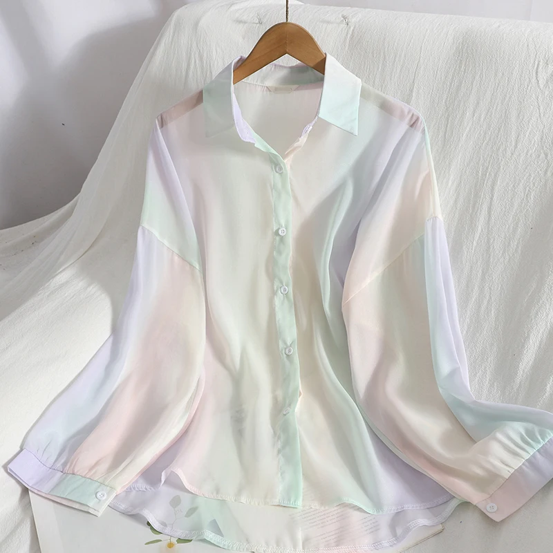 Shirts Women Colorful Striped Summer Soft Chiffon Sun-proof Korean Style College Ladies Fashion Beach Design Loose Outdoor Ins