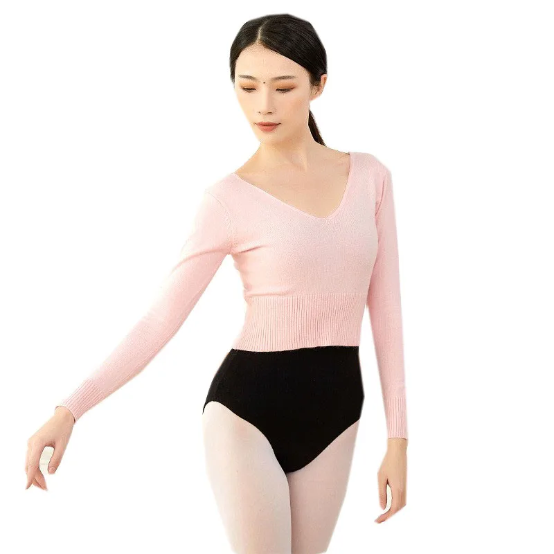 Women Knit Top Classic Long Sleeve Ballet Dance Cardigan Warm Sweater Sexy V Neck Pull Over Dancewear  Adult Black Plus Size