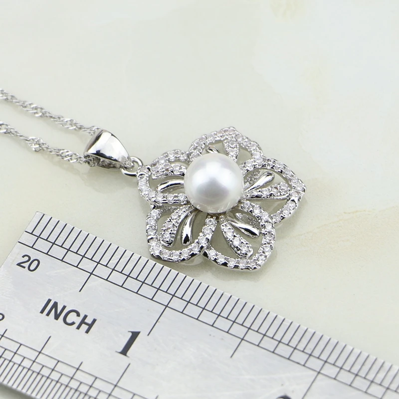 Flower 925 Sterling Silver White Pearl Cubic Zirconia Jewelry Set For Women Wedding Earrings/Ring/Pendant/Necklace