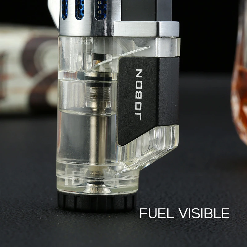 Jobon Compact Cigar Lighter Inflatable Triple Torch Windproof Jet Flame Adjustable Lighters Fuel Visible