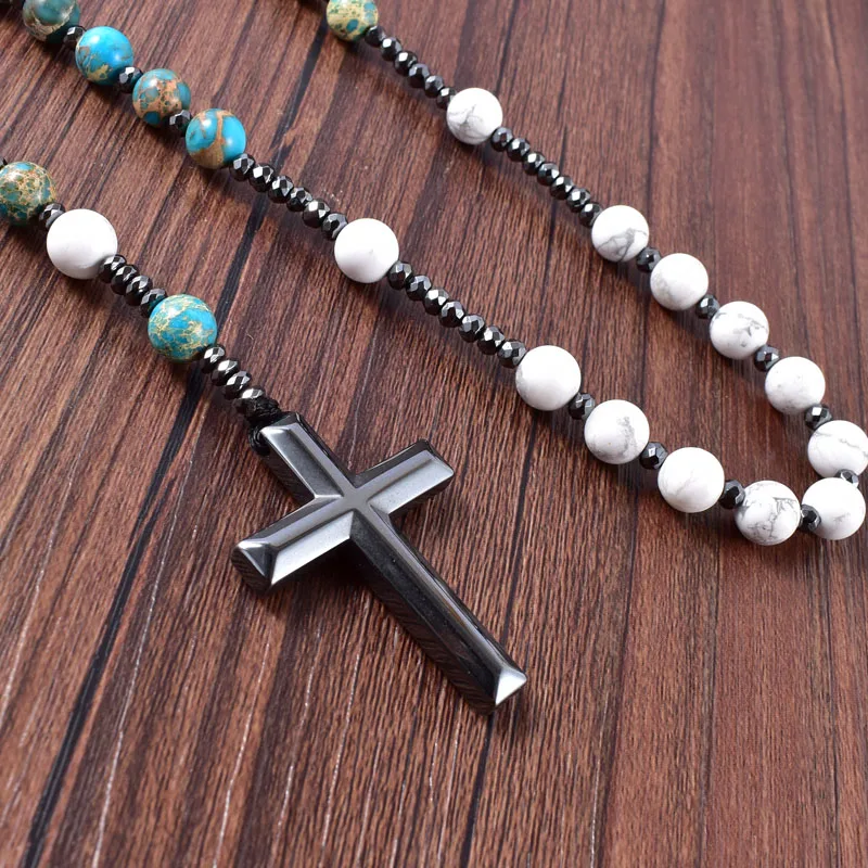 Wholesale Natural Turqouise With Hematite Cross Pendant Catholic Christ Mens Rosary Necklaces For Women Jewelry Drop shipping