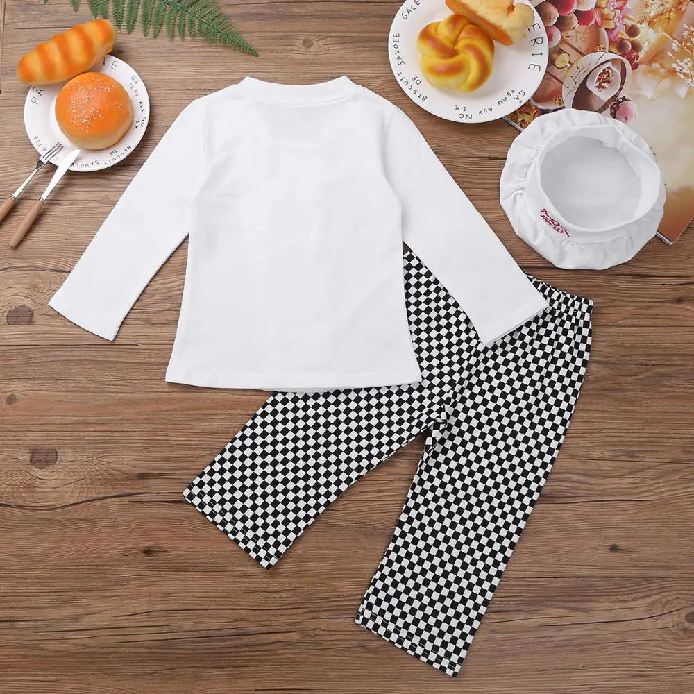 FEESHOW Infantile Del Bambino Delle Ragazze Dei Ragazzi di Halloween Cosplay Outfits Bambino Cuoco Chef di Cucina Uniforme T-Shirt Pantaloni Cappello Fotografia Costume