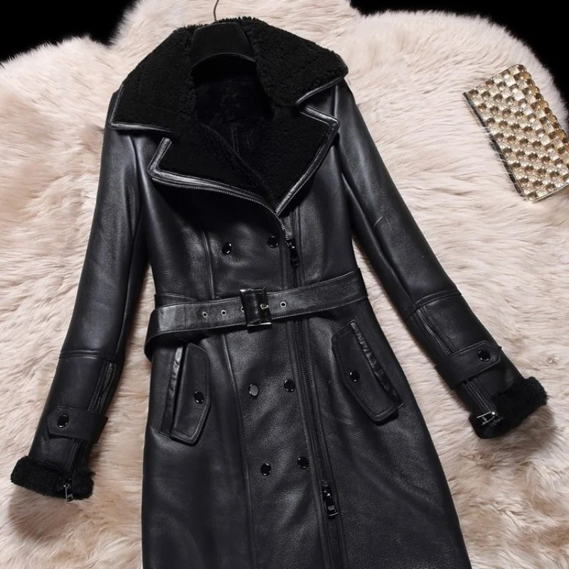 Real Winter Wool Fur Liner Sheepskin Coat Double Faced Fur Sheep Shearing Tops Office Ladies Double Breasted Real Leather Jacket