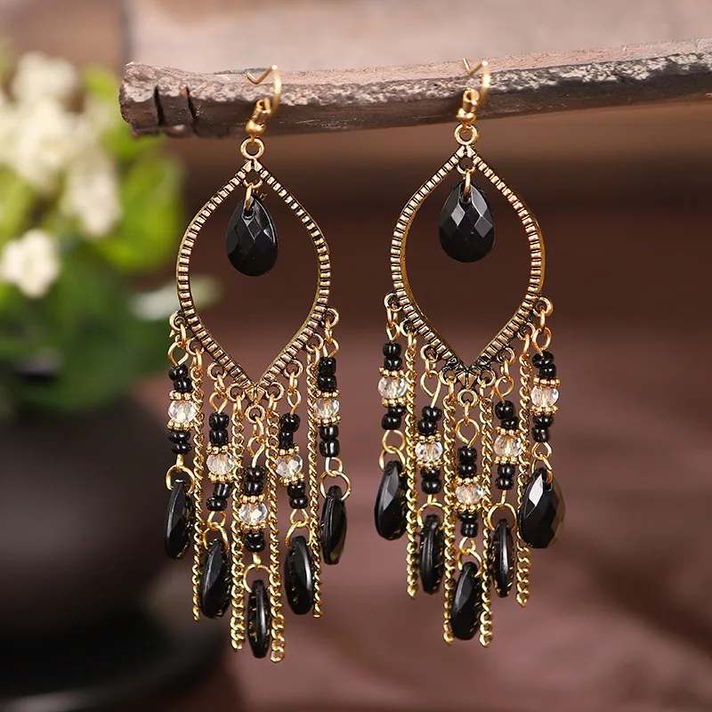 Bohemian Antik Gold Farbe Lange Wasser Tropfen Quaste Ohrringe für Frauen Vintage Bunte Geometrische Tropfen Baumeln Ohrringe Schmuck – Detail 8