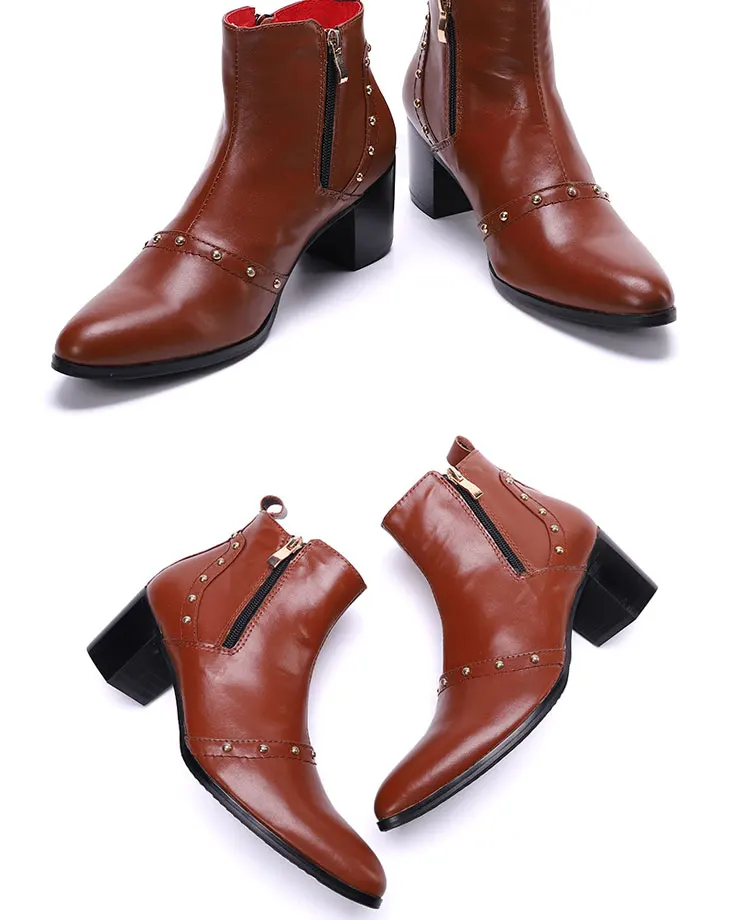 Herbst und Winter spitze High Heels Herren stiefel binden eine Kette Niet Gürtels chnalle dicken Absatz echtes Leder dicke Stöckels tiefel – Detail 12