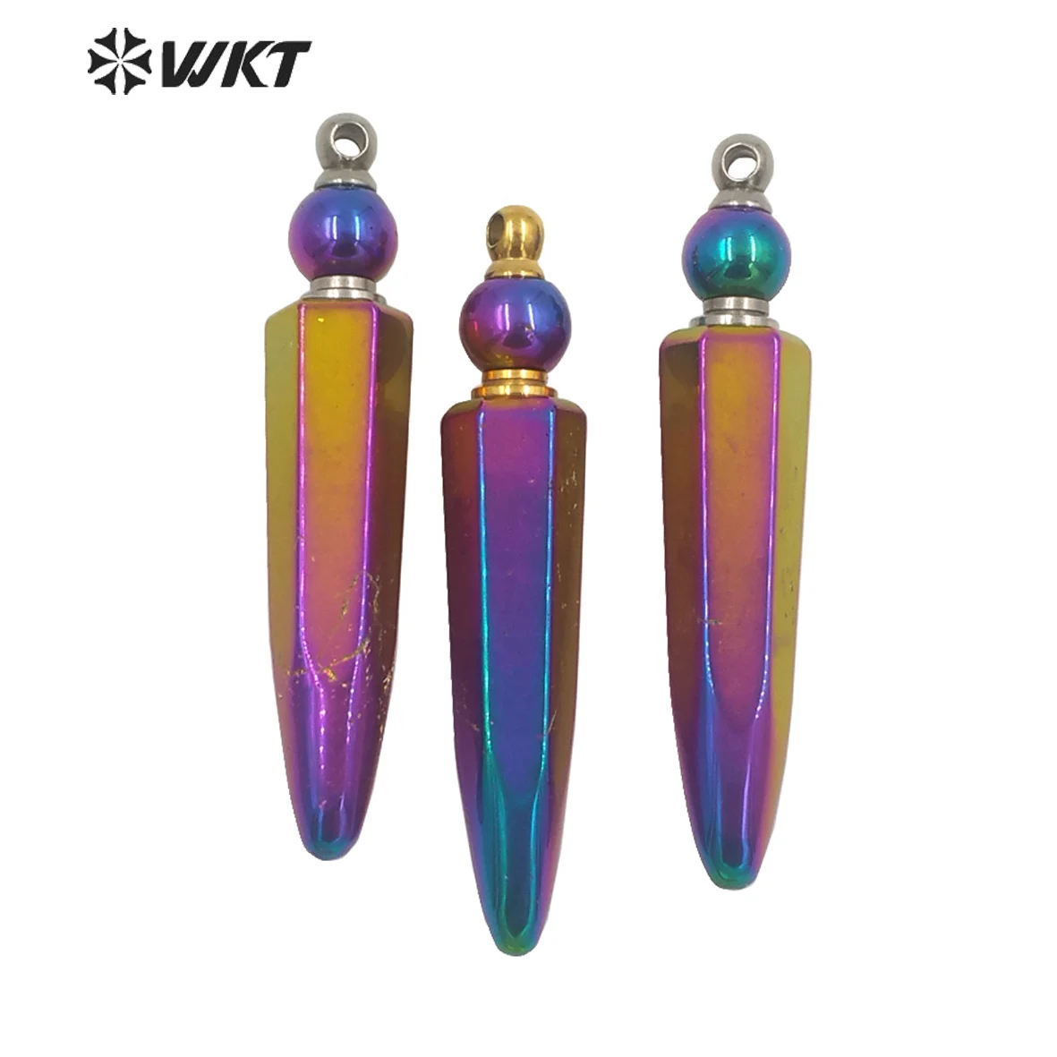 WT-P1643 Amazing rainbow titanium electroplated natural quartz stone essencial oil pendant for load perfume